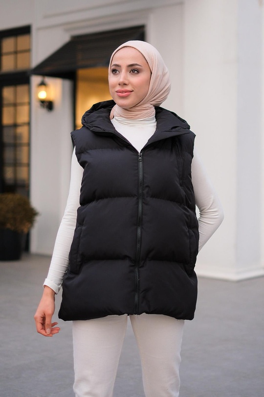 Kapüşonlu Çift Cepli Yelek Siyah