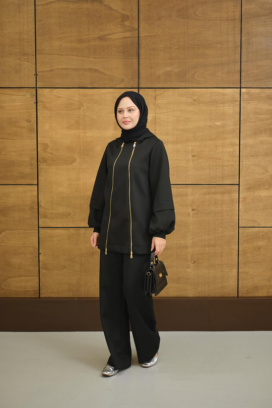 Kapüşonlu Çift Fermuar Detay Regular Scuba Takım Siyah