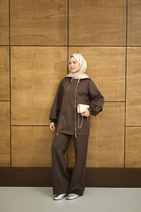 Kapüşonlu Çift Fermuar Detay Regular Scuba Takım Kahverengi