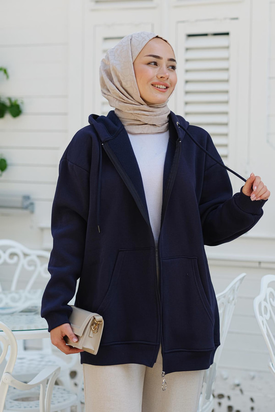 Kapüşonlu Fermuarlı Hırka Saks Mavi