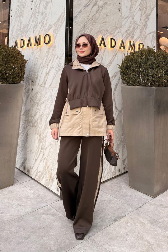 Kapüşonlu Garnili İkili Takım Kahverengi