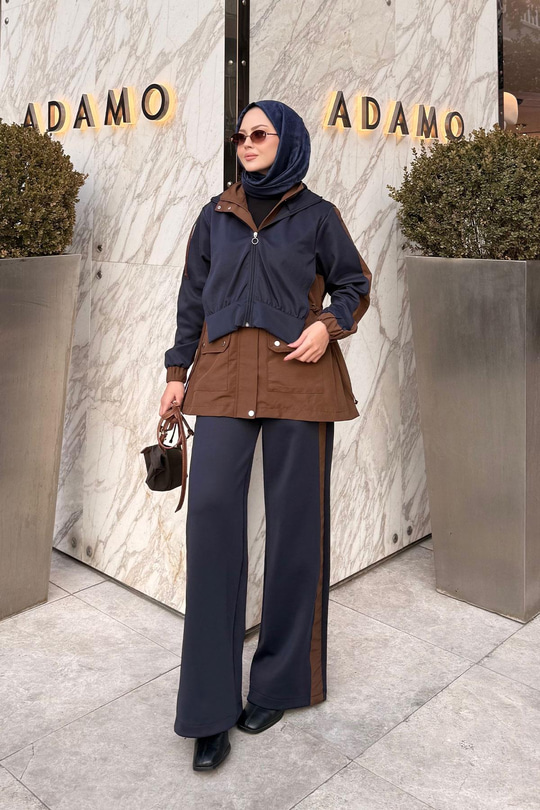 Kapüşonlu Garnili İkili Takım Lacivert