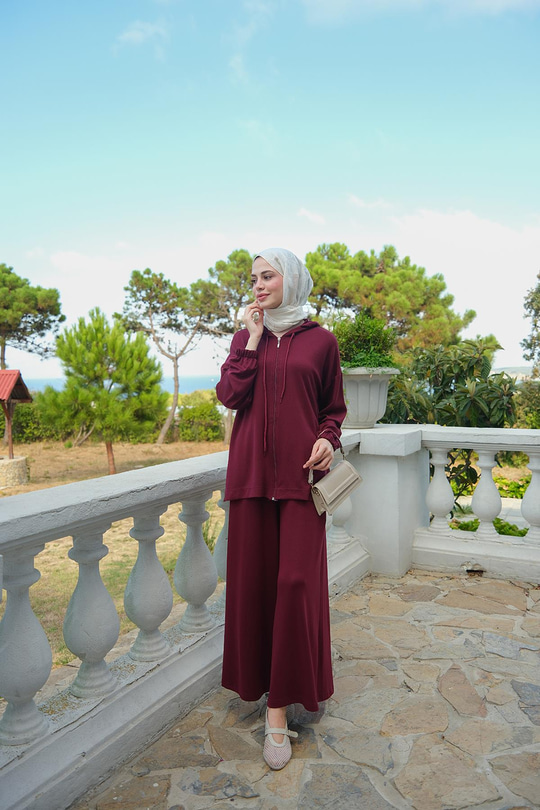 Kapüşonlu İkili Takım Bordo