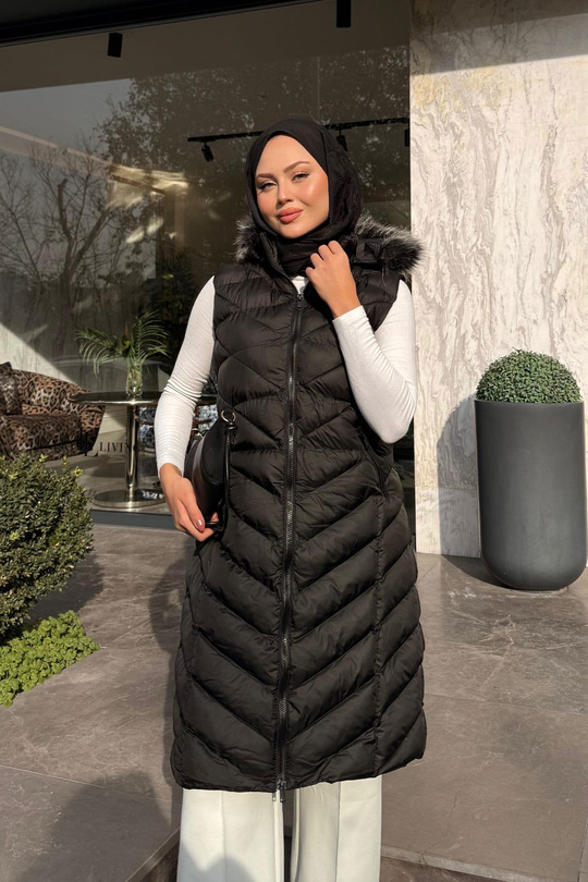 Kapüşonlu Kolsuz Şişme Yelek Siyah