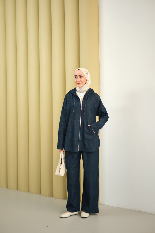Kapüşonlu Kot Takım Lacivert