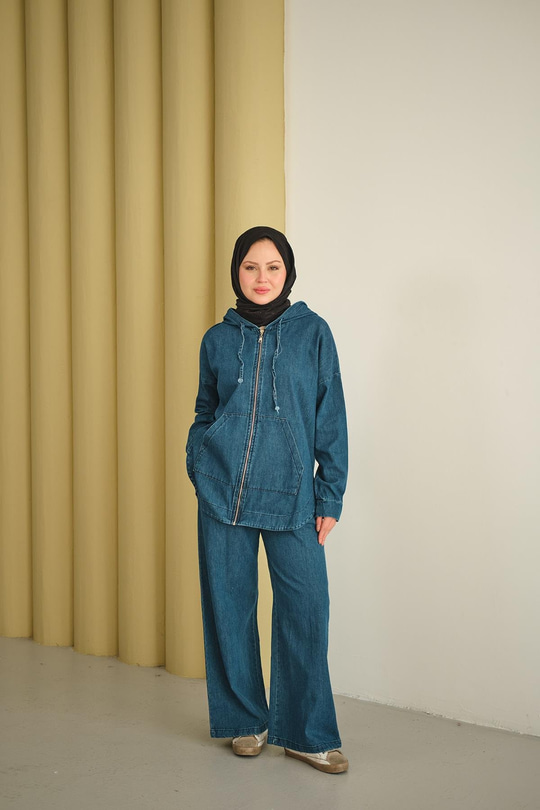 Kapüşonlu Kot Takım Mavi