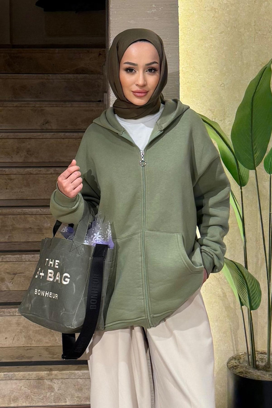 Kapüşonlu Oversize Hırka Fıstık Yeşil
