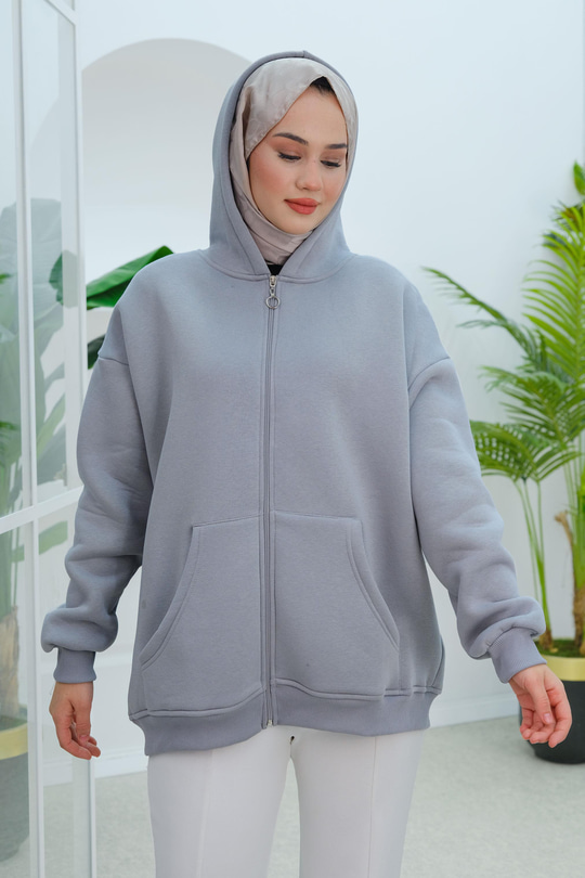 Kapüşonlu Oversize Hırka Gri