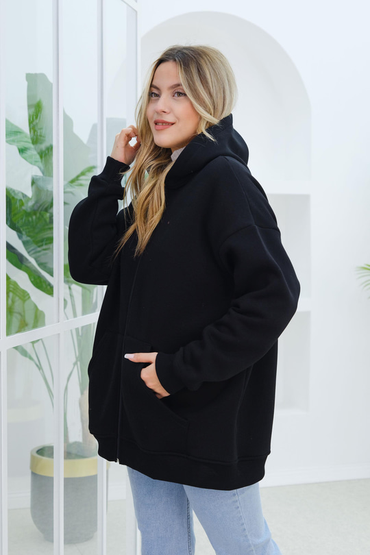 Kapüşonlu Oversize Hırka Siyah