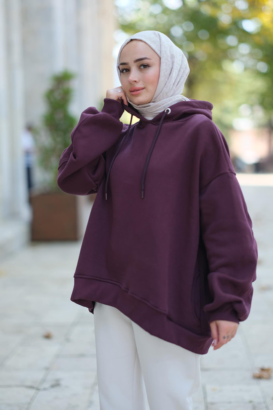 Kapüşonlu Oversize Sweat Mürdüm