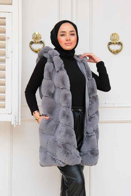 Kapüşonlu Peluş Kürk Yelek Gri