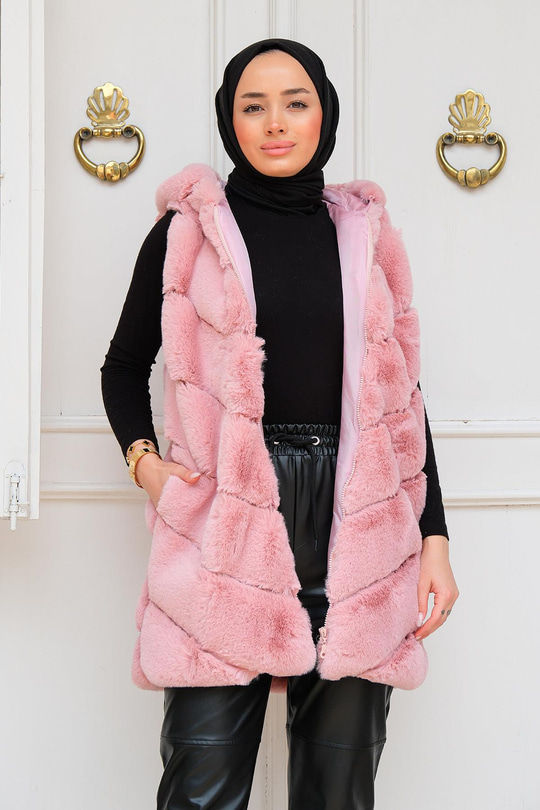Kapüşonlu Peluş Kürk Yelek Pudra