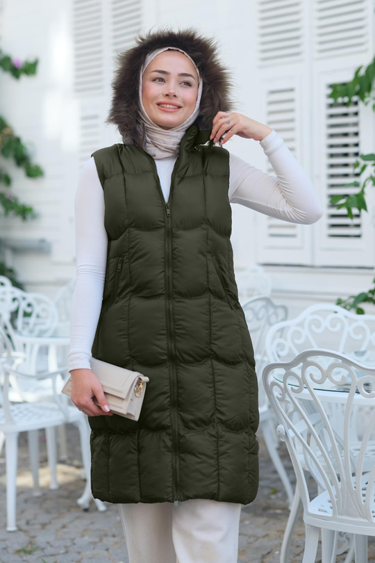 Kapüşonlu Şişme Yelek Haki Yeşil