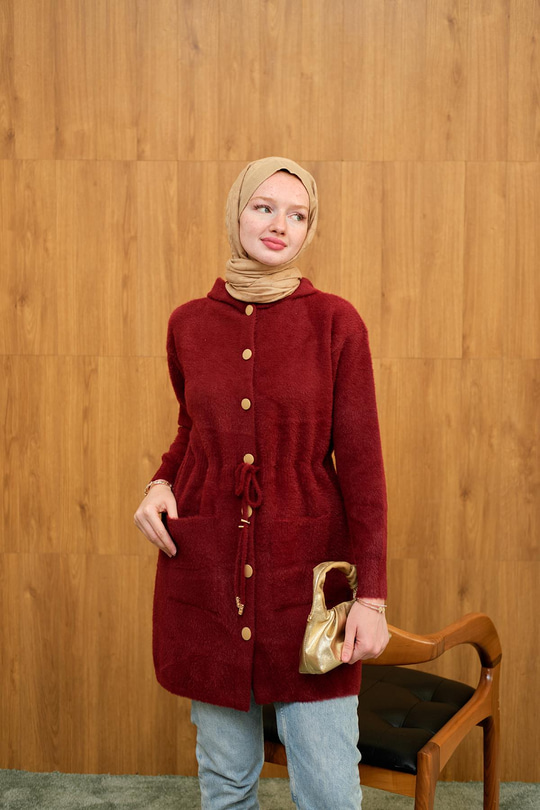 Kapüşonlu Triko Hırka Bordo