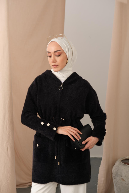 Kapüşonlu Triko Hırka Siyah