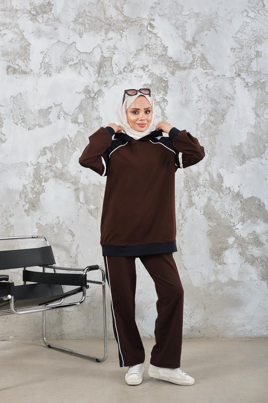 Kapüşonlu Üç Renk Cep Detay Beli Lastikli Regular Viskon Takım Kahverengi