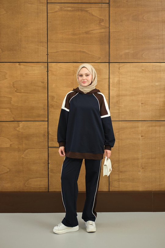 Kapüşonlu Üç Renk Cep Detay Beli Lastikli Regular Viskon Takım Lacivert