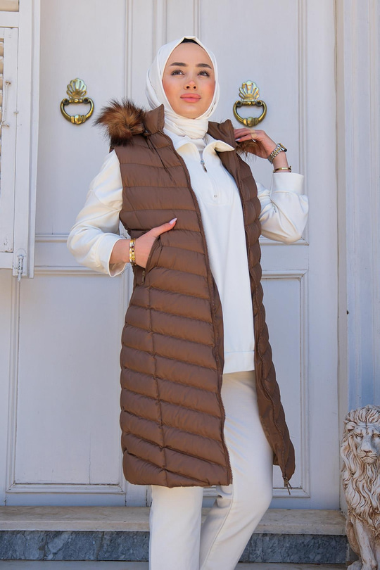 Kapüşonu Çıkarılabilir Cepli Şişme Yelek  Taba