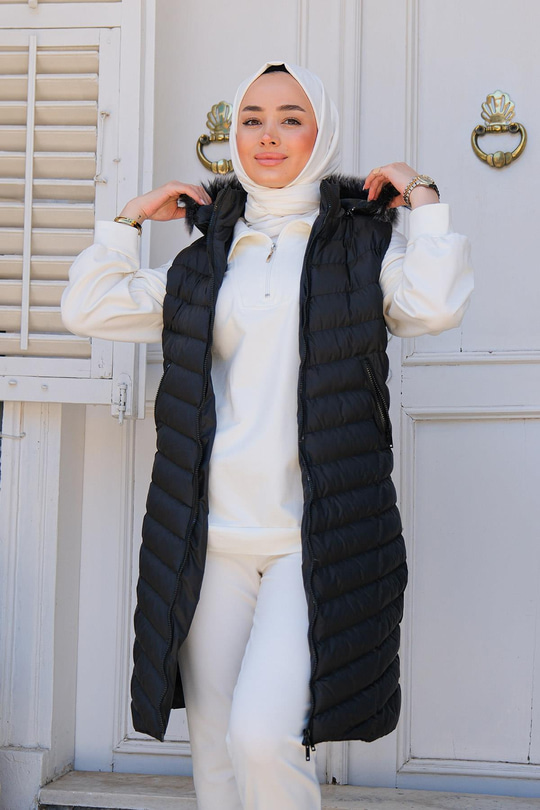 Kapüşonu Çıkarılabilir Cepli Şişme Yelek  Siyah