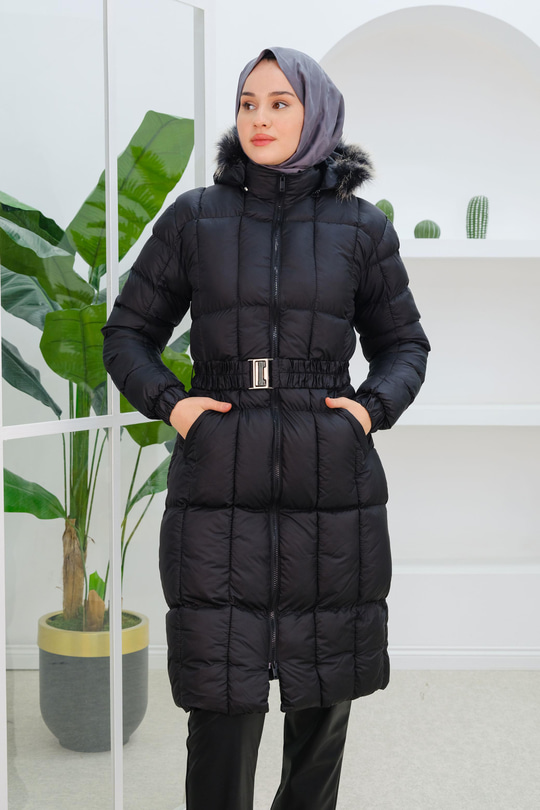 Kare Desenli Şişme Mont Siyah