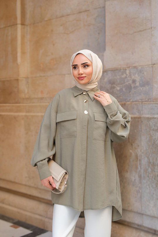 Kargo Cepli Oversize Gömlek Yeşil