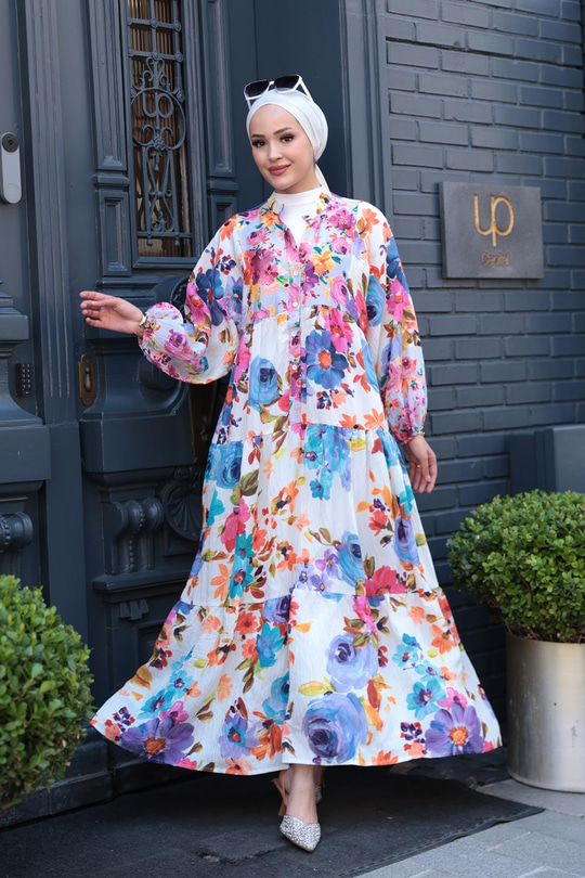 Karışık Çicek Desen Elbise Gül Kurusu