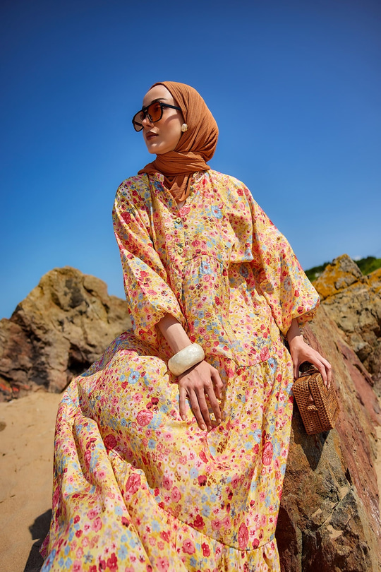 Karışık Çicek Desen Elbise Sarı