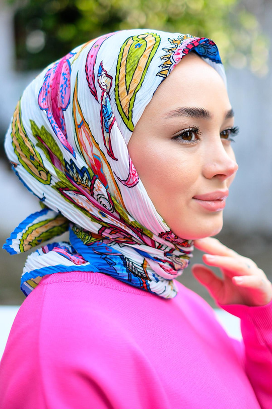 Karışık Çiçek Desen Pliseli Esarp Saks Mavi