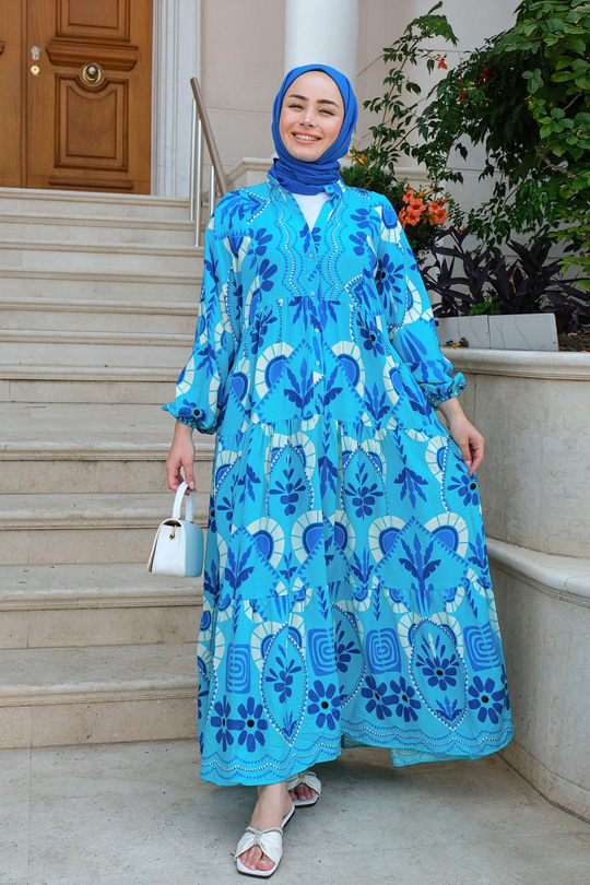 Karışık Desen Elbise Bebe Mavi