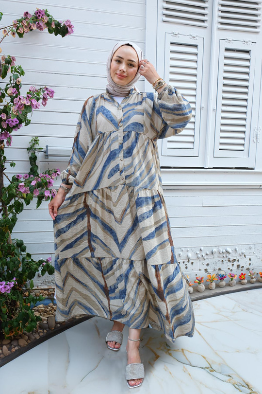 Karışık Desen Elbise İndigo Mavi