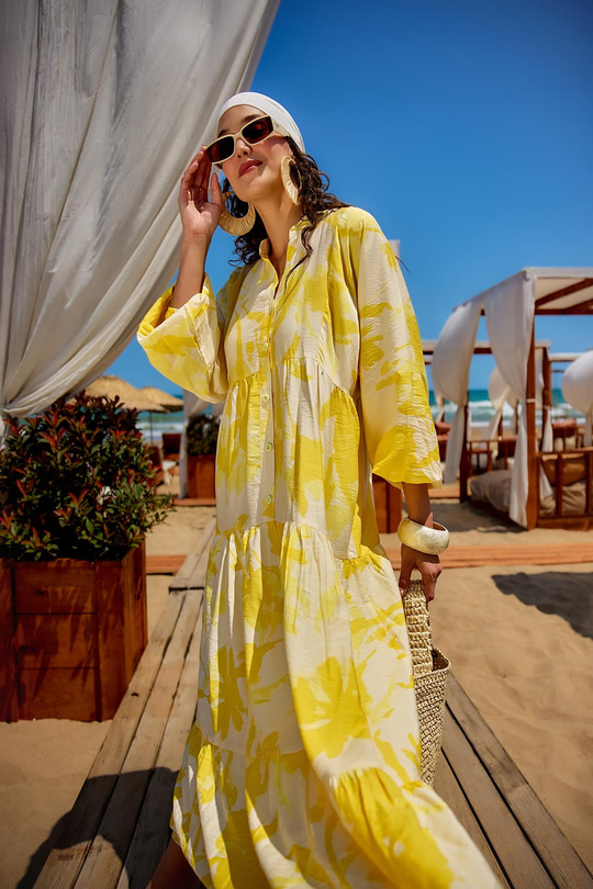 Karışık Desen Elbise Sarı