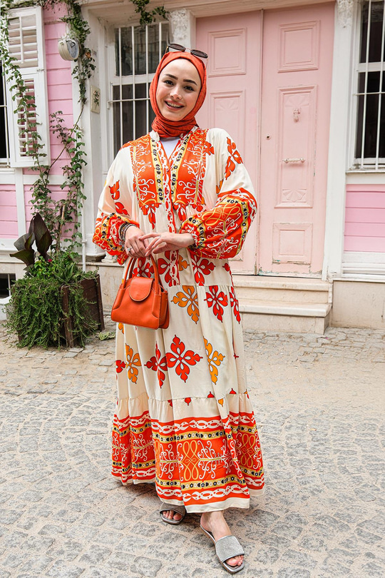 Karışık Desen Elbise Turuncu