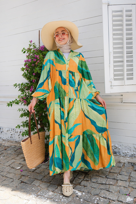 Karışık Desen Elbise Yeşil