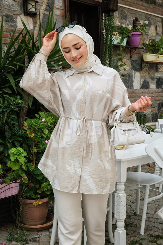 Karışık Desen Gömlek  Krem