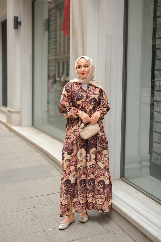 Karışık Desenli Elbise Kahverengi