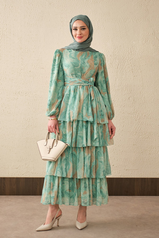 Kat Kat Detay Kuşaklı Astarlı Şifon Elbise Su Yeşil