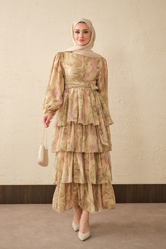 Kat Kat Detay Kuşaklı Astarlı Şifon Elbise Yağ Yeşil