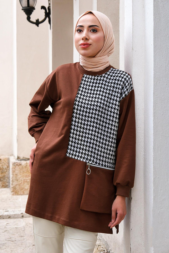 Kaz Ayağı Fermuar Cepli Tunik Kahverengi