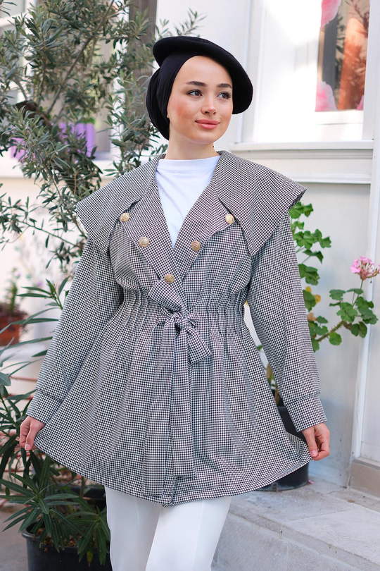 Kazayağı Desenli Bel Büzgülü Ceket Siyah