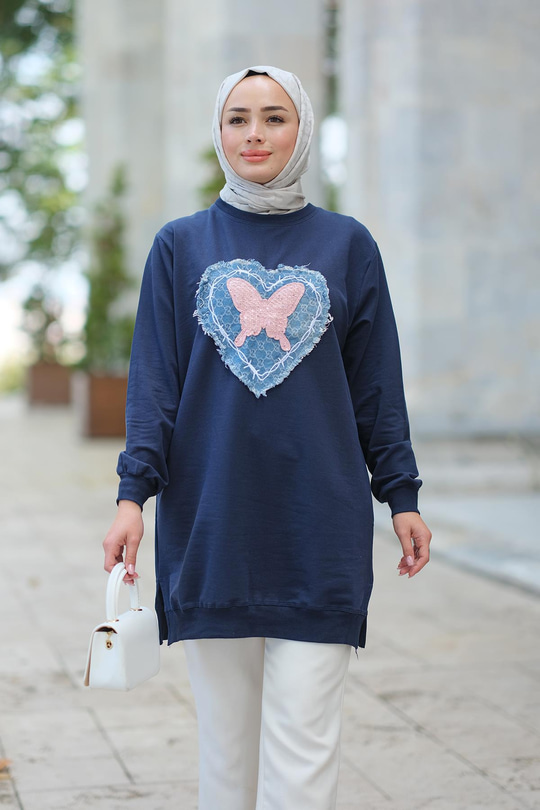 Kelebek Nakışlı Sweat Lacivert