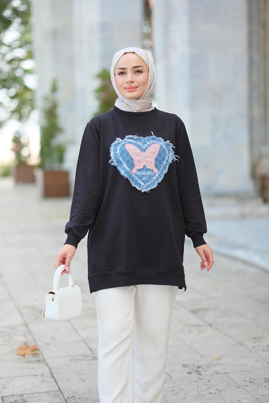 Kelebek Nakışlı Sweat Siyah