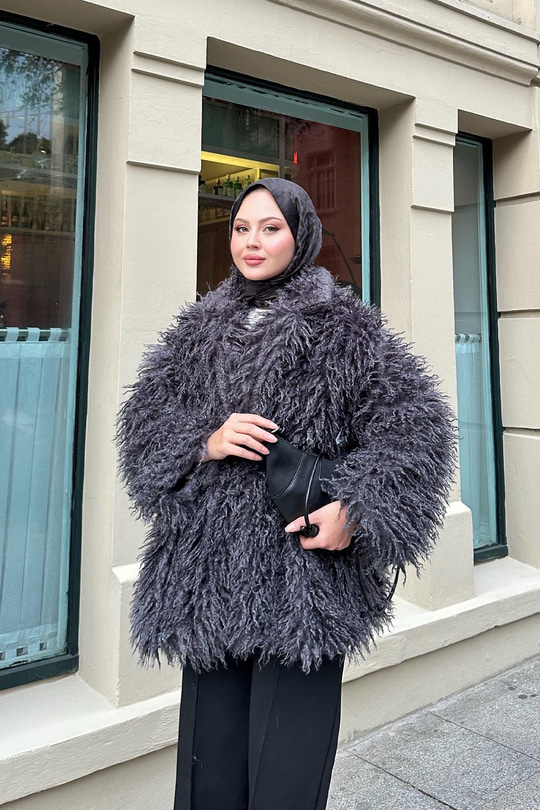 Kemer Detay Kısa Kürk Kaban Antrasit