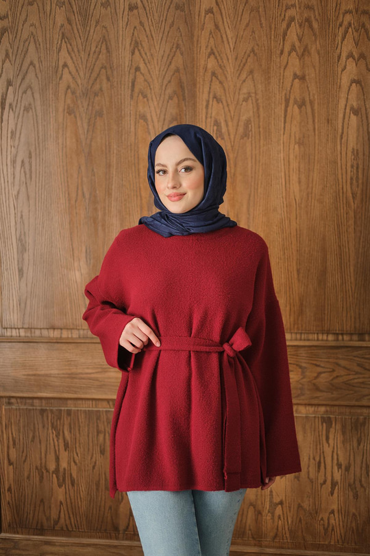 Kemer Detay Peluş Kazak Bordo