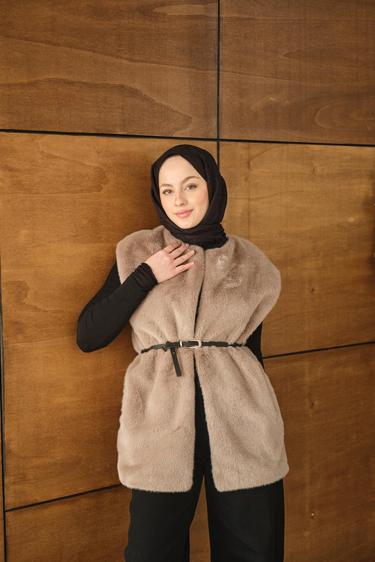 Kemer Detay Peluş Yelek Vizon