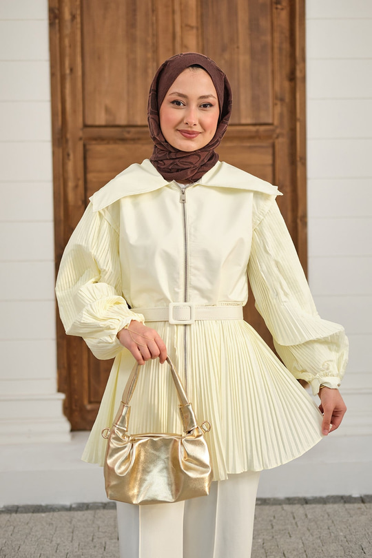 Kemerli Büyük Yaka Fermuarlı Kol Ve Bel Pileli Ceket Sarı