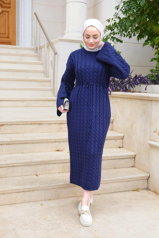 Kendinden Desenli Bel Bağlamalı Elbise Lacivert