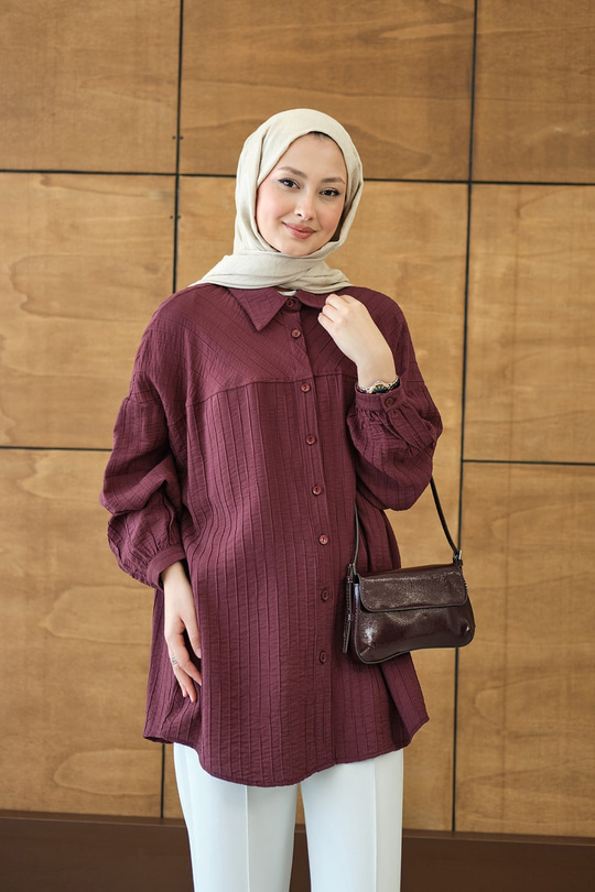 Kendinden Desenli Biyeli Gömlek Bordo