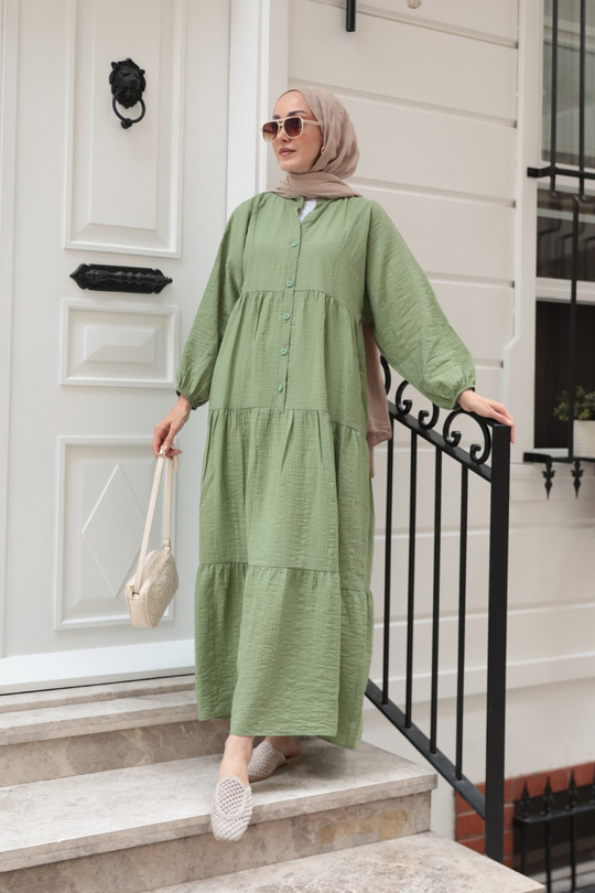 Kendinden Desenli Elbise Haki Yeşil