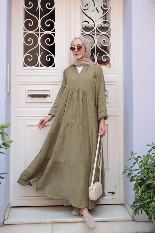 Kendinden Desenli Elbise Haki Yeşil