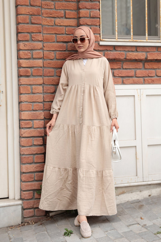 Kendinden Desenli Elbise Krem